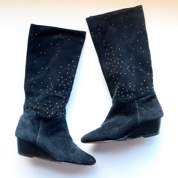 Anthropologie Matiko Black Suede Leather Gold Stud Wedge Heel Tall Boots Size 7 - Picture 1 of 13